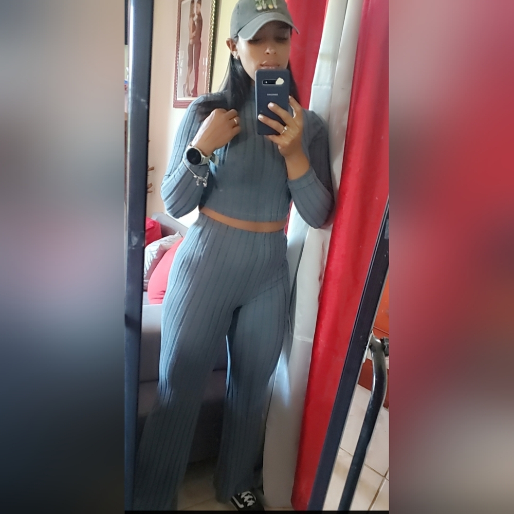 Blue Ribbed Knit Jumpsuit with Stretchy Fabric